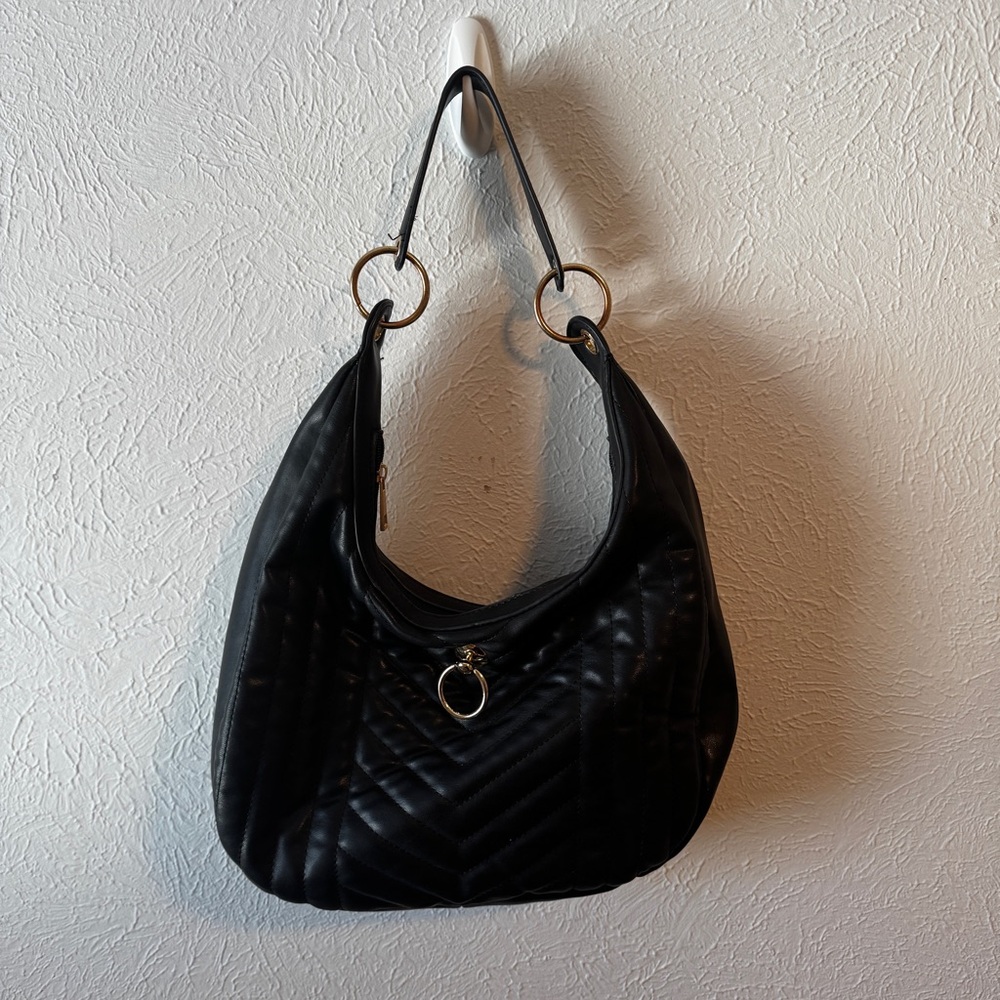 ALEXIS BENDEL HOBO SHOULDER BAG BLACK PU LEATHER QUILTED ZIP CLOSE GOLD LOOP